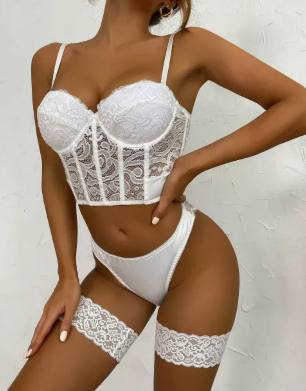 Conjunto de lencería de malla de 3 piezas, conjunto de lencería sexy nupcial de encaje blanco